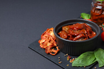 Concept of tasty food - delicious dried tomato