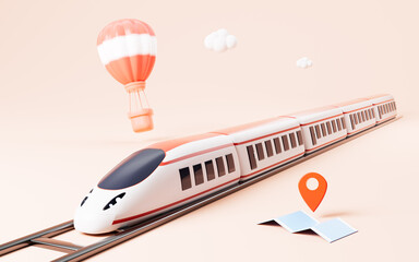 Hot balloon and cartoon high-speed train in the pink background, 3d rendering. © 婷婷 季