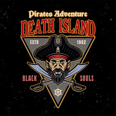 Death island vector pirate emblem with men head and two crossed sabers colored vintage illustration on dark background