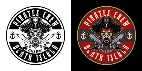 Pirates vector round emblem with men head and two crossed sabers. Illustration in two styles black on white and colorful on dark background