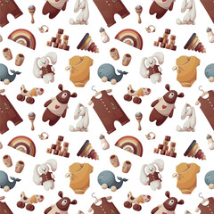Seamless pattern with wooden push toys, pyramid, teddy bear, baby bottle, plush bunny, baby bodysuit. Children's toys, clothes, childhood concept. Vector illustration.