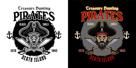 Obraz premium Pirates treasure hunting vector emblem. Illustration in two styles black on white and colorful on dark background