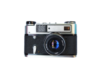 Retro vintage camera, old technology film soviet camera isolate for object 