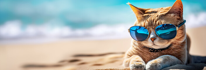 Portrait of chilling cat in trendy sunglasses on sandy shore of beautiful ocean. Banner format. Generative AI illustration - obrazy, fototapety, plakaty