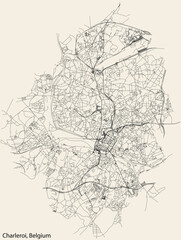 Detailed hand-drawn navigational urban street roads map of the Belgian city of CHARLEROI, BELGIUM with solid road lines and name tag on vintage background