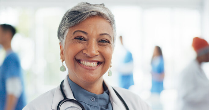 Face, Doctor And Woman Laughing In Hospital Ready For Tasks, Goals Or Targets. Leadership, Senior Or Portrait Of Comic Healthcare Worker Or Female Medical Physician Happy With Career Or Job At Clinic