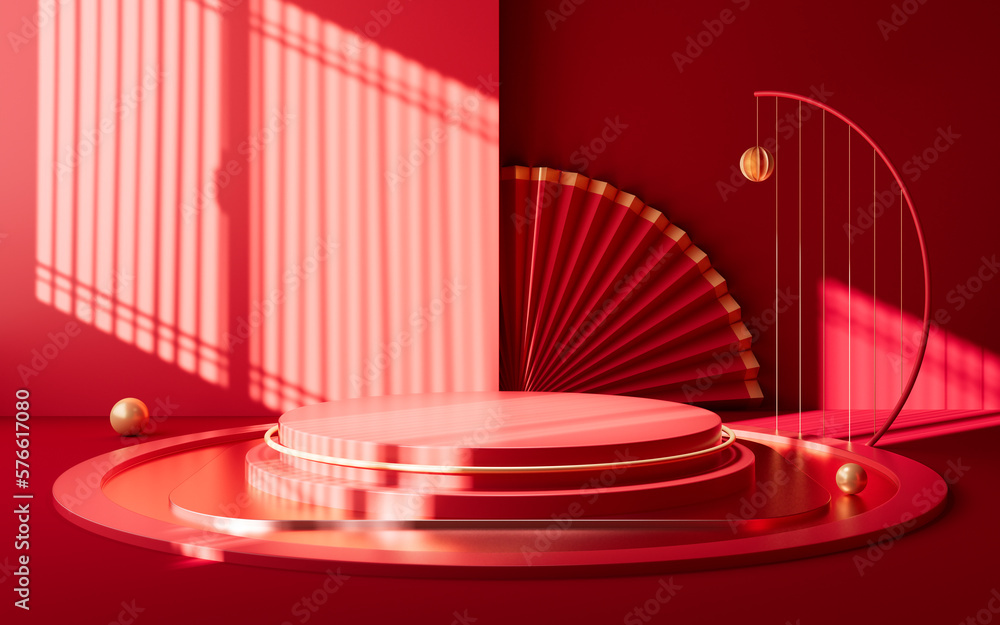 Poster chinese style empty stage with interior geometric architecture, 3d rendering.