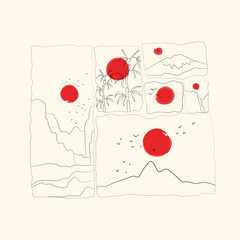 Outline Mountains, red round sun or moon. Various landscapes set. Abstract modern design. Hand drawn trendy Vector illustration. Poster, print template