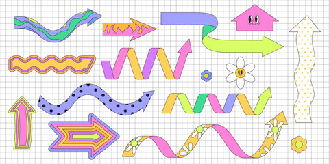 Various cartoon colorful playful arrow pointers set or collection in trendy groovy comics outline style. Vector illustration of dynamic arrow signs for infographic designs or presentation templates.
