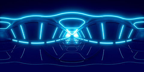 Fototapeta premium Neon tunnel 360 panorama background, 3d rendering.