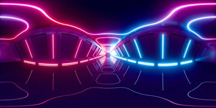 Neon Tunnel 360 Panorama Background, 3d Rendering.