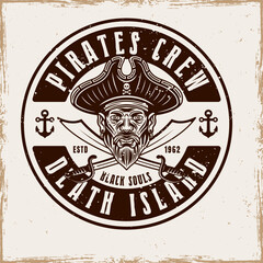 Fototapeta premium Pirates vector round emblem with men head and two crossed sabers in vintage style illustration isolated on background with removable grunge textures