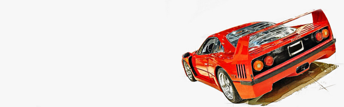 Ferrari F40 mid-engine, sports car built from 1987 to 1992, designed to celebrate Ferrari's 40th Anniversary, last model approved by Enzo Ferrari. Illustration isolated on white with copy space.