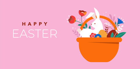 Happy Easter, decorated geometric style Easter card, banner. Bunnies, Easter eggs, flowers and basket. Modern minimalist design