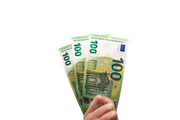 Hand holding several 100 Euro bills - obrazy, fototapety, plakaty