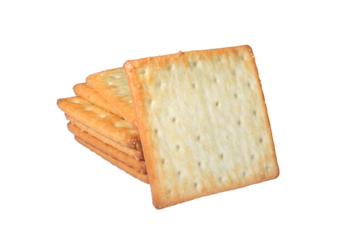 Fresh baked butter cream crackers cheese biscuits on transparent background stock photo png.
