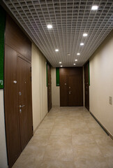 Contemporary interior of entrance hall in luxury apartment. Modern design of wall. Iron door. Mirror on wall.