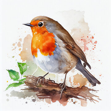 A small robin on a branch in a watercolour illustration style