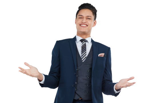 An assertive Asian professional stock investor or broker in a trendy business suit giving a shrugging gesture and being carefree isolated on a png background.