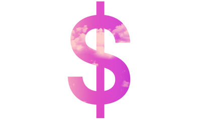 $ dollar font symbol - pink color with cloud - png file - with a transparent background for designer use.  Isolated from the front.  ideal for website, email, presentation, advertisement,  - obrazy, fototapety, plakaty