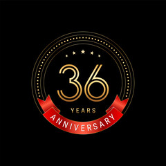 36th Anniversary. Anniversary logo design with golden number and red ribbon. Logo Vector Template