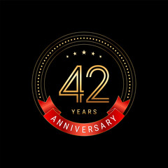 42th Anniversary. Anniversary logo design with golden number and red ribbon. Logo Vector Template