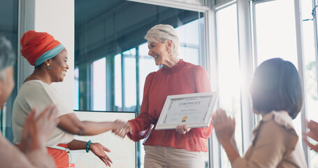 Applause, award and handshake with business woman in meeting for goal, thank you and winner....