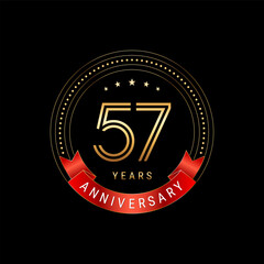 57th Anniversary. Anniversary logo design with golden number and red ribbon. Logo Vector Template