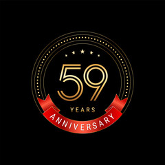 59th Anniversary. Anniversary logo design with golden number and red ribbon. Logo Vector Template