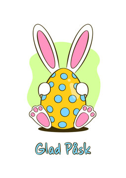 Easter greeting card. Colorful Easter egg with bunny. Happy Easter blue lettering in Swedish (Glad Påsk). Cartoon. Vector illustration. Isolated on white background