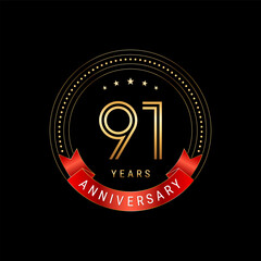 91th Anniversary. Anniversary logo design with golden number and red ribbon. Logo Vector Template