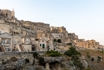  View of the Sassi di Matera a historic district in the city of Matera, well-known for their ancient cave dwellings. Basilicata. Italy