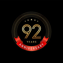 92th Anniversary. Anniversary logo design with golden number and red ribbon. Logo Vector Template