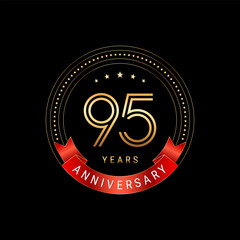 95th Anniversary. Anniversary logo design with golden number and red ribbon. Logo Vector Template