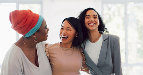 Partnership, portrait and business women walking in office, happy and excited for startup vision....