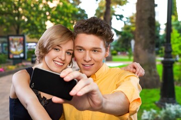 Happy couple do photo, traveling vacation concept