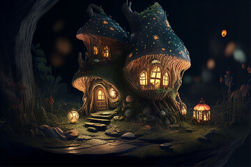 A mushroom house in a forest with pumpkins on the bottom with generative ai 