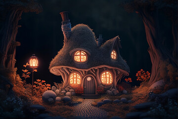 Fototapeta na wymiar A mushroom house in a forest with pumpkins on the bottom with generative ai 