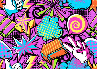 Seamless pattern with comic speech bubbles signs and symbols. Cartoon pop art creative image.