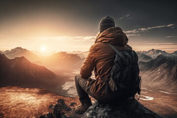 Hiker sits on top of a mountain at sunrise. Hiking concept. Ai generative