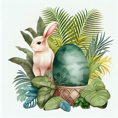 The watercolor of tropical plant easter themed and eggs and cute rabbit 