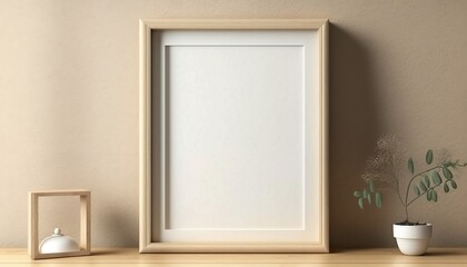 Fototapeta na wymiar Empty white frame mockup on beige neutral wide wall background, One horizontal artwork template for painting, poster or photo