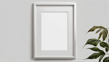 Picture frame mockup. Vertical white frame on white wall background and a plant. Empty, blank template for artwork, painting or poster.