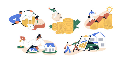 Finance concept. Saving money, analyzing, planning personal budget, investing. Income growth, investment, wealth, financial management. Flat graphic vector illustrations isolated on white background