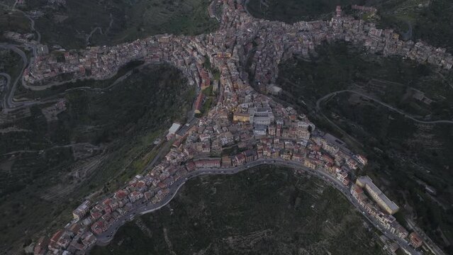 Aerial view of Centuripe, a small town on mountain crests in Enna province, Sicily, Italy.