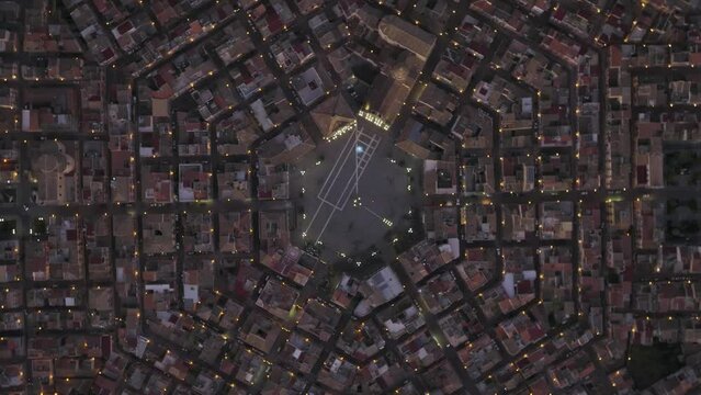 Aerial view of Grammichele at night, a small town near Catania, Sicily, Italy.