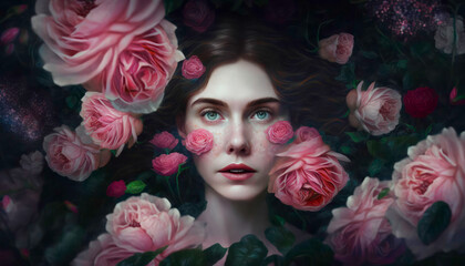 Woman portrait framed by flowers. generative AI