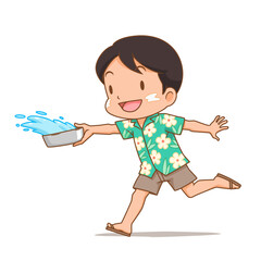 Cute boy splashing water with water bowl in Songkran festival.