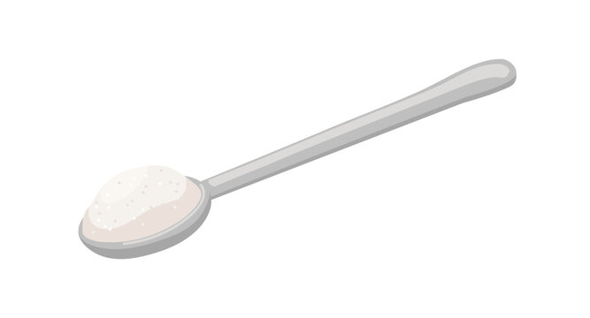 Beet sugar sand in tea spoon. Full teaspoon of sweet granulated crystals heap, pile for sweetening, adding in food. Flat cartoon vector illustration isolated on white background