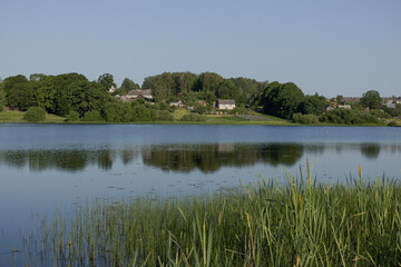 Fototapeta premium Buildings and houses standing on the shore of a lake, river or sea. Cityscape and urban scene.